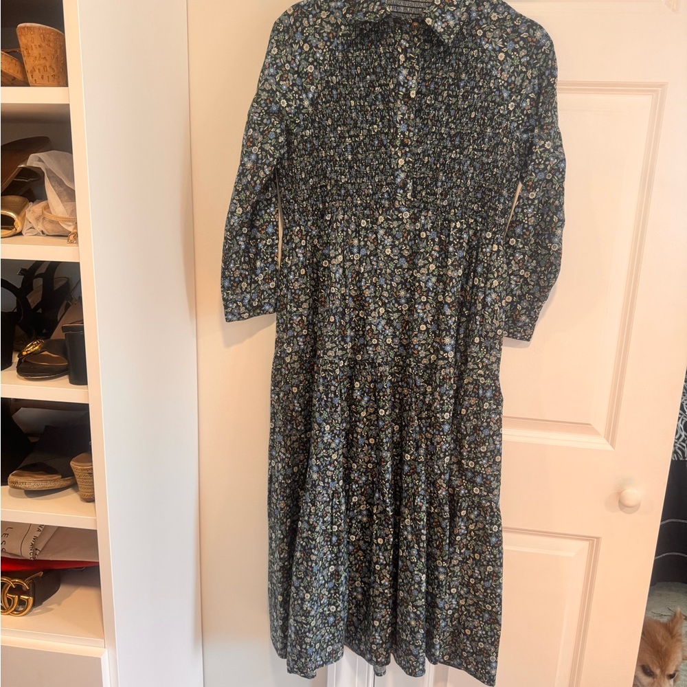 Duffield Lane Blue and Green Midi Dress with Collar and 3/4 Sleeve